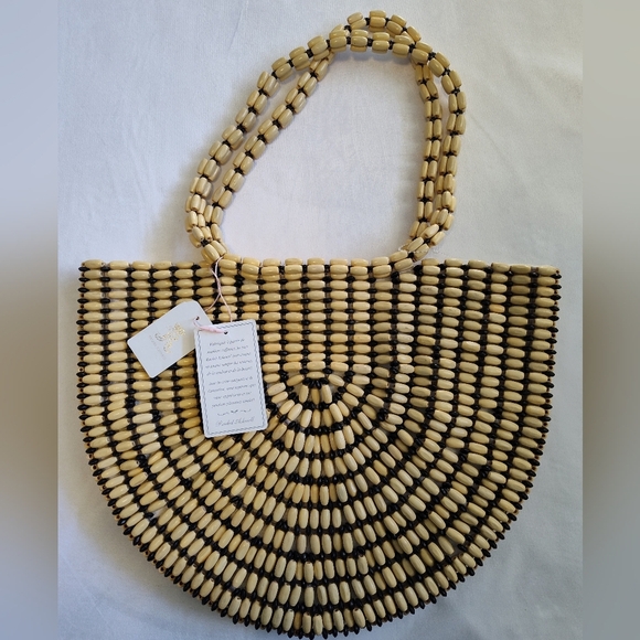 Rachel Ashwell Handbags - Rachel Ashwell NWT Beaded Wood Tote Bag Boho Resort Statement Handbag